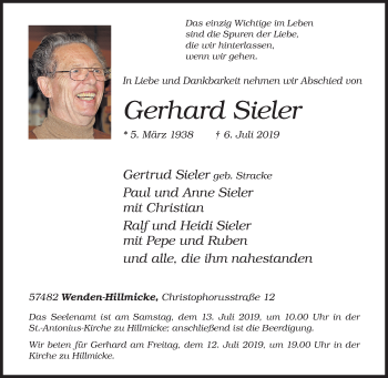 Traueranzeige von Gerhard Sieler von Siegener Zeitung