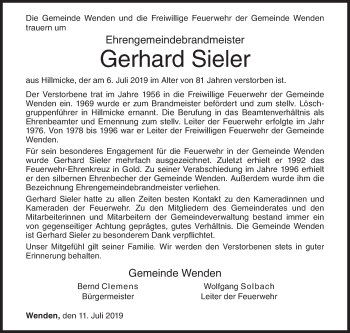 Traueranzeige von Gerhard Sieler von Siegener Zeitung