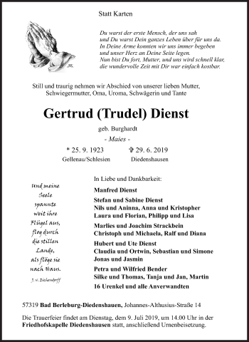 Traueranzeige von Gertrud Dienst von Siegener Zeitung