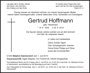 Traueranzeige von Gertrud Hoffmann von Siegener Zeitung