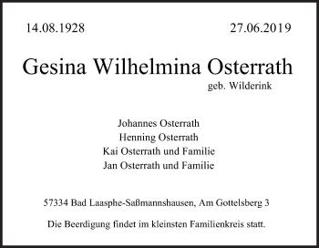 Traueranzeige von Gesina Wilhelmina Osterrath von Siegener Zeitung