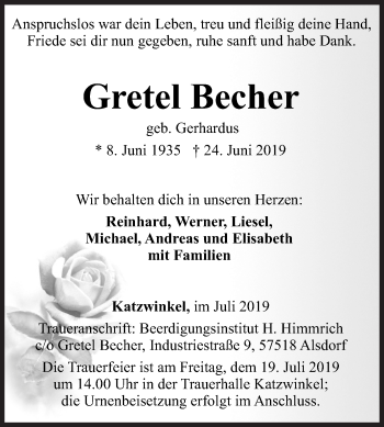 Traueranzeige von Gretel Becher von Siegener Zeitung
