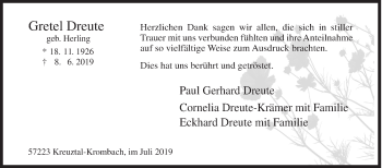 Traueranzeige von Gretel Dreute von Siegener Zeitung