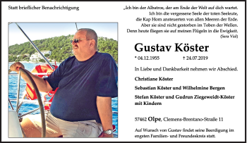 Traueranzeige von Gustav Köster von Siegener Zeitung