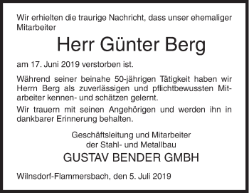Traueranzeige von Günter Berg von Siegener Zeitung