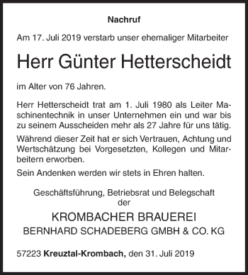Traueranzeige von Günter Hetterscheidt von Siegener Zeitung