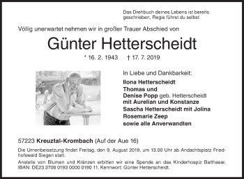 Traueranzeige von Günter Hetterscheidt von Siegener Zeitung