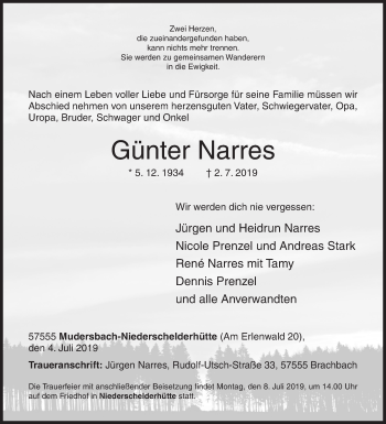 Traueranzeige von Günter Narres von Siegener Zeitung