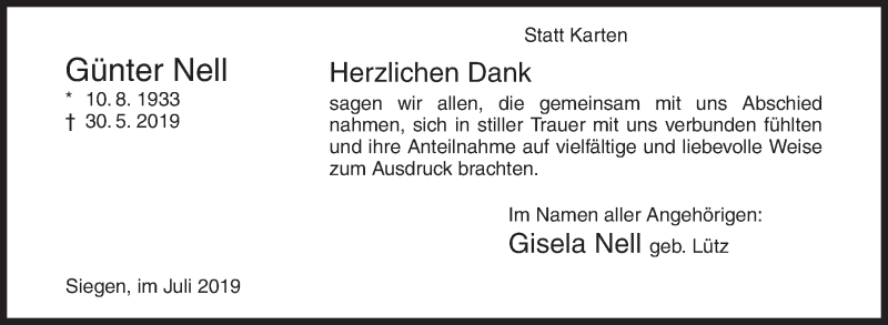 Traueranzeige für Günter Nell vom 20.07.2019 aus Siegener Zeitung