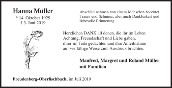 Traueranzeige von Hanna Müller von Siegener Zeitung