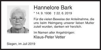 Traueranzeige von Hannelore Bark von Siegener Zeitung