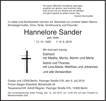 Traueranzeige von Hannelore Sander von Siegener Zeitung