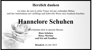 Traueranzeige von Hannelore Schuhen von Siegener Zeitung