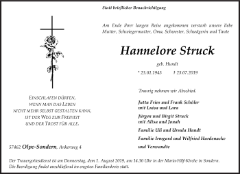 Traueranzeige von Hannelore Struck von Siegener Zeitung