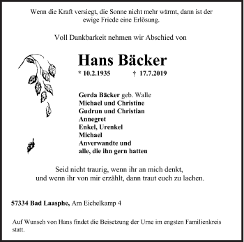 Traueranzeige von Hans Bäcker von Siegener Zeitung