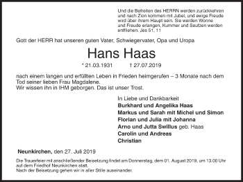 Traueranzeige von Hans Haas von Siegener Zeitung