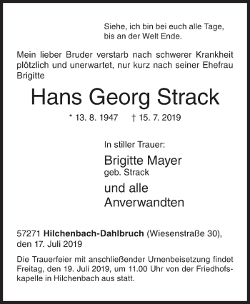 Traueranzeige von Hans Georg Strack von Siegener Zeitung