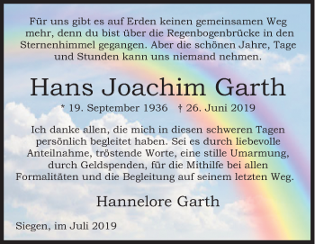Traueranzeige von Hans Joachim Garth von Siegener Zeitung