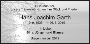 Traueranzeige von Hans Joachim Garth von Siegener Zeitung
