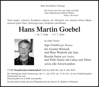 Traueranzeige von Hans Martin Goebel von Siegener Zeitung