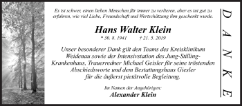 Traueranzeige von Hans Walter Klein von Siegener Zeitung
