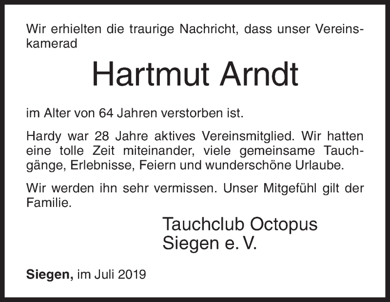  Traueranzeige für Hartmut Arndt vom 16.07.2019 aus Siegener Zeitung