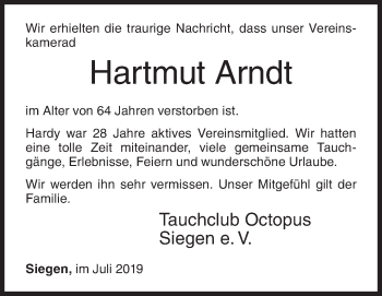 Traueranzeige von Hartmut Arndt von Siegener Zeitung