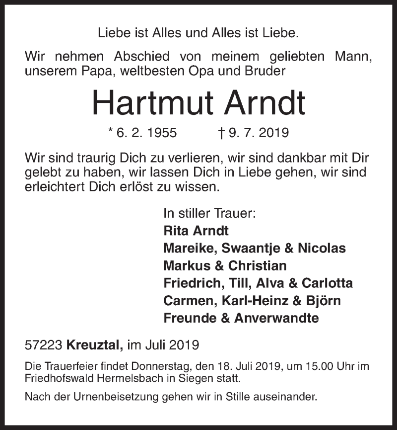  Traueranzeige für Hartmut Arndt vom 16.07.2019 aus Siegener Zeitung