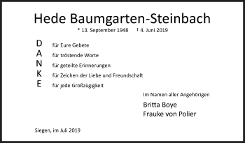 Traueranzeige von Hede Baumgarten-Steinbach von Siegener Zeitung