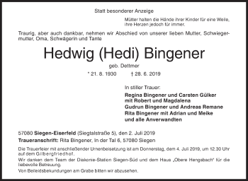 Traueranzeige von Hedwig Bingener von Siegener Zeitung