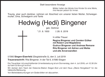 Traueranzeige von Hedwig Bingener von Siegener Zeitung