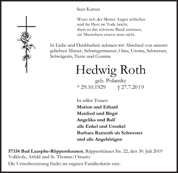 Traueranzeige von Hedwig Roth von Siegener Zeitung
