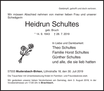 Traueranzeige von Heidrun Schultes von Siegener Zeitung