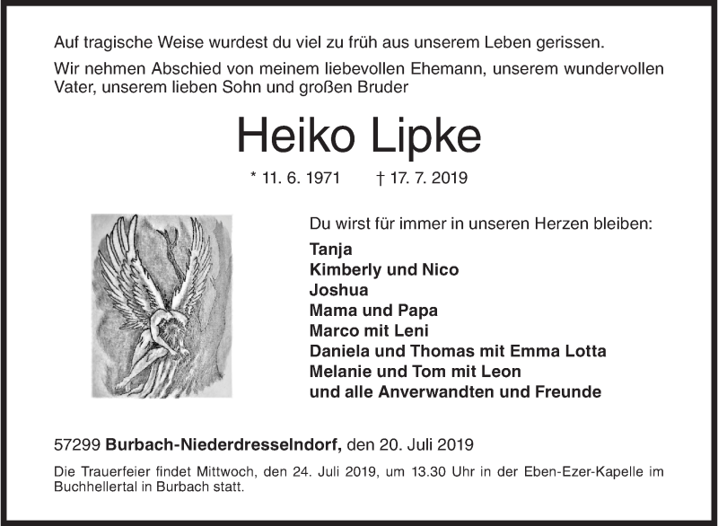  Traueranzeige für Heiko Lipke vom 20.07.2019 aus Siegener Zeitung