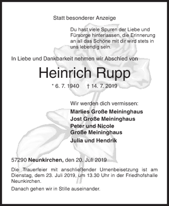 Traueranzeige von Heinrich Rupp von Siegener Zeitung