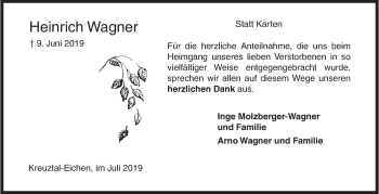Traueranzeige von Heinrich Wagner von Siegener Zeitung