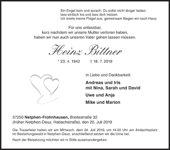 Traueranzeige von Heinz Bittner von Siegener Zeitung