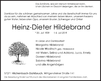 Traueranzeige von Heinz-Dieter Hildebrand von Siegener Zeitung