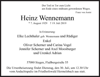 Traueranzeige von Heinz Wennemann von Siegener Zeitung