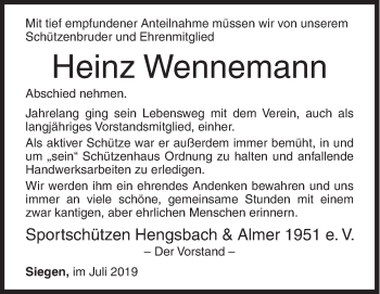 Traueranzeige von Heinz Wennemann von Siegener Zeitung