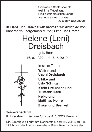 Traueranzeige von Helene Dreisbach von Siegener Zeitung