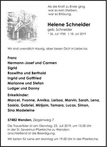 Traueranzeige von Helene Schneider von Siegener Zeitung