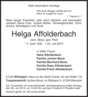 Traueranzeige von Helga Affolderbach von Siegener Zeitung