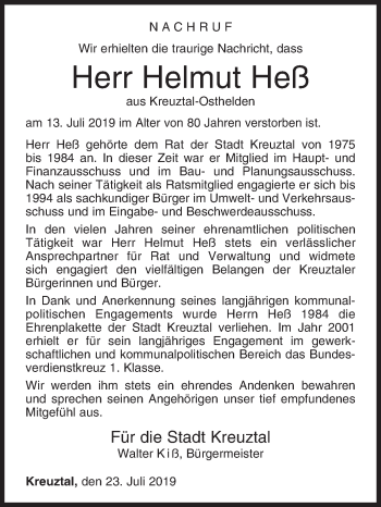 Traueranzeige von Helmut Heß von Siegener Zeitung