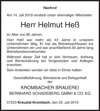 Traueranzeige von Helmut Heß von Siegener Zeitung