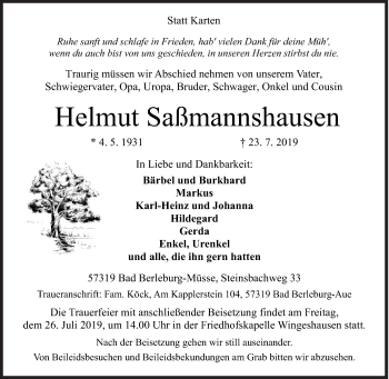 Traueranzeige von Helmut Saßmannshausen von Siegener Zeitung