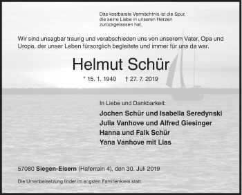 Traueranzeige von Helmut Schür von Siegener Zeitung