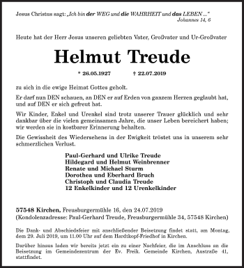 Traueranzeige von Helmut Treude von Siegener Zeitung