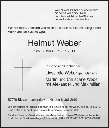 Traueranzeige von Helmut Weber von Siegener Zeitung