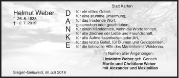 Traueranzeige von Helmut Weber von Siegener Zeitung